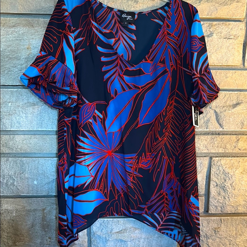 Beige by eci Asymmetrical Blue and Red Blouse